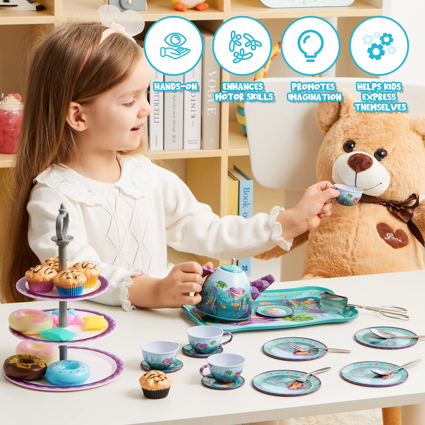 JOYIN Mermaid Tea Party Set – 35Pcs Pretend Tin Teapot Kit for Kids