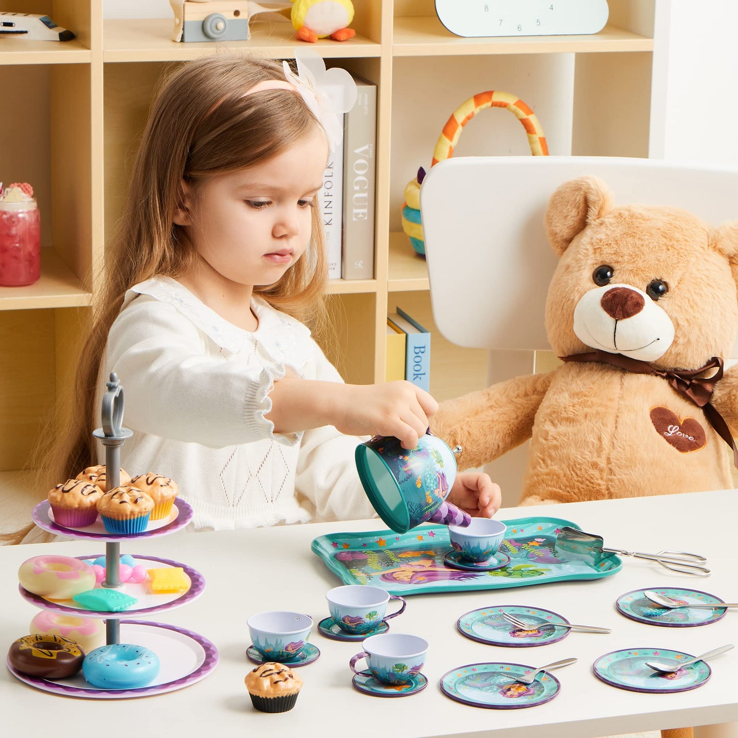 JOYIN Mermaid Tea Party Set – 35Pcs Pretend Tin Teapot Kit for Kids