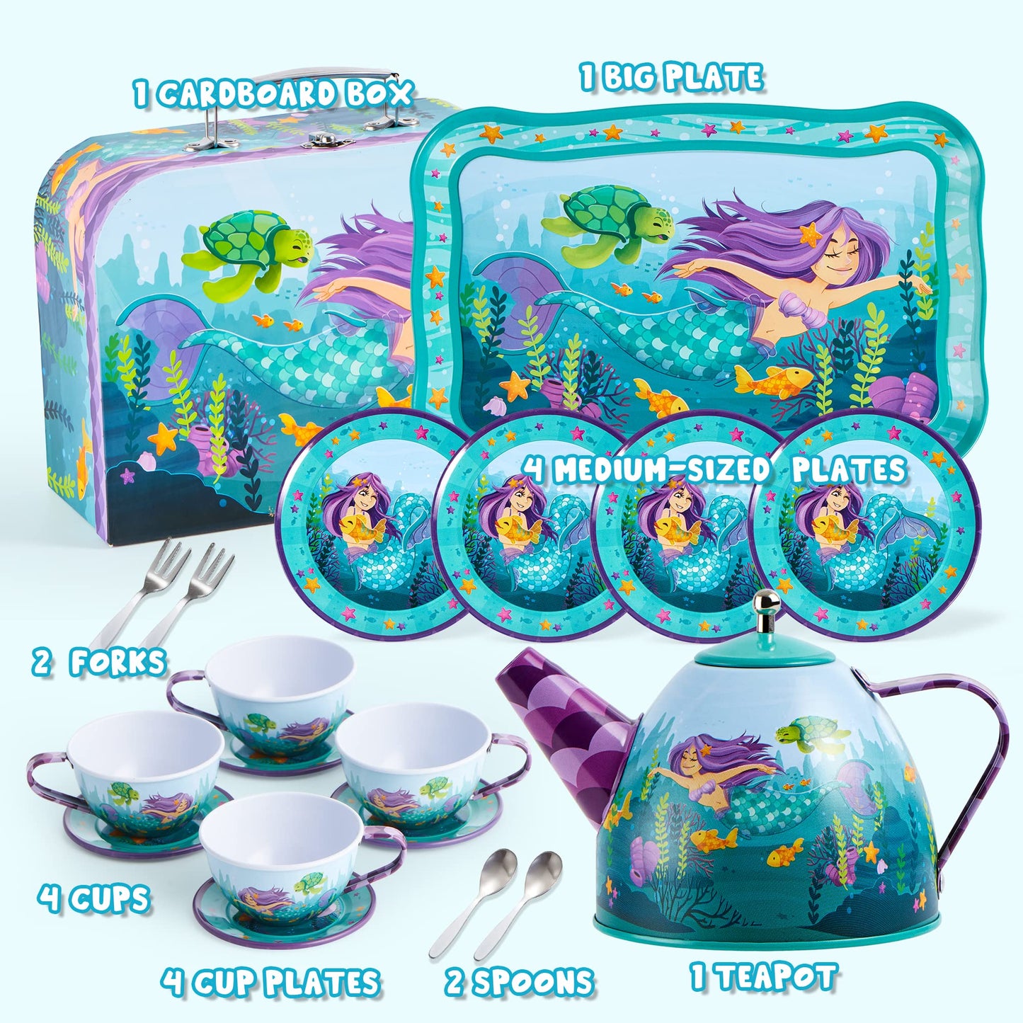 JOYIN Mermaid Tea Party Set – 35Pcs Pretend Tin Teapot Kit for Kids