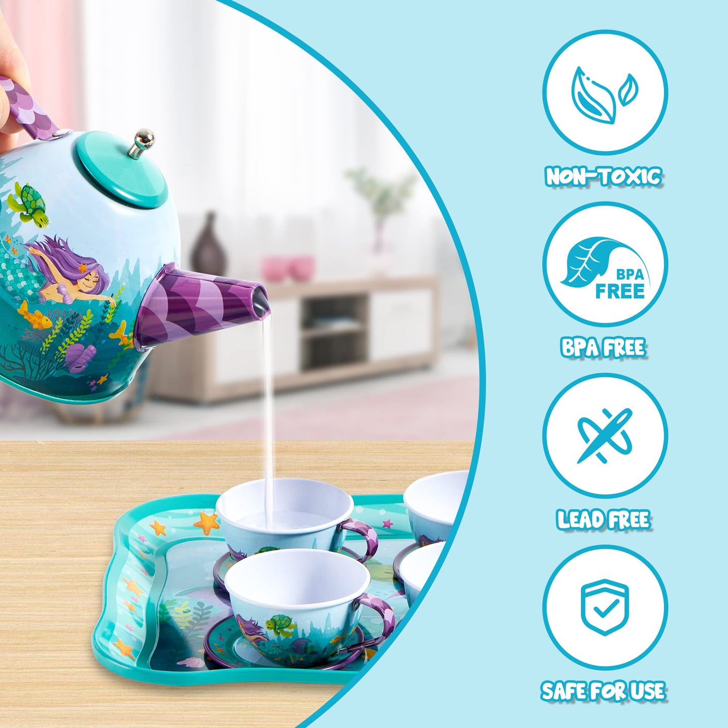JOYIN Mermaid Tea Party Set – 35Pcs Pretend Tin Teapot Kit for Kids