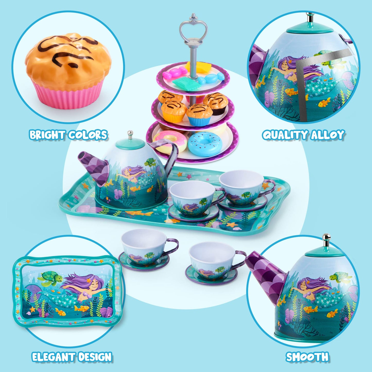 JOYIN Mermaid Tea Party Set – 35Pcs Pretend Tin Teapot Kit for Kids