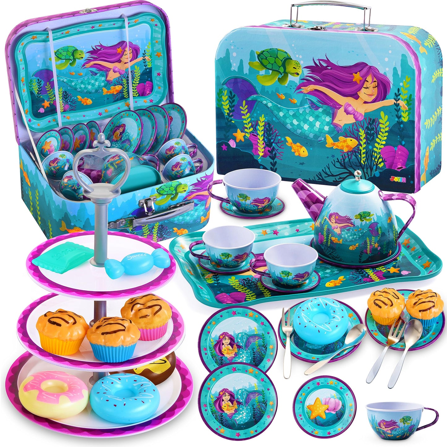 JOYIN Mermaid Tea Party Set – 35Pcs Pretend Tin Teapot Kit for Kids