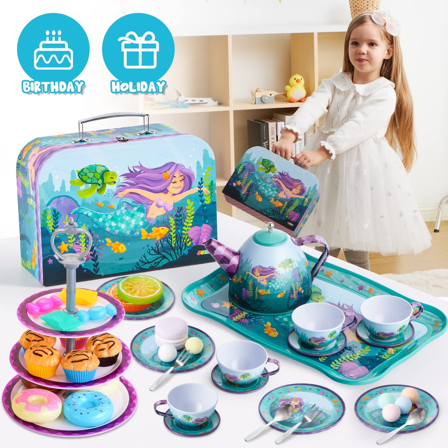JOYIN Mermaid Tea Party Set – 35Pcs Pretend Tin Teapot Kit for Kids