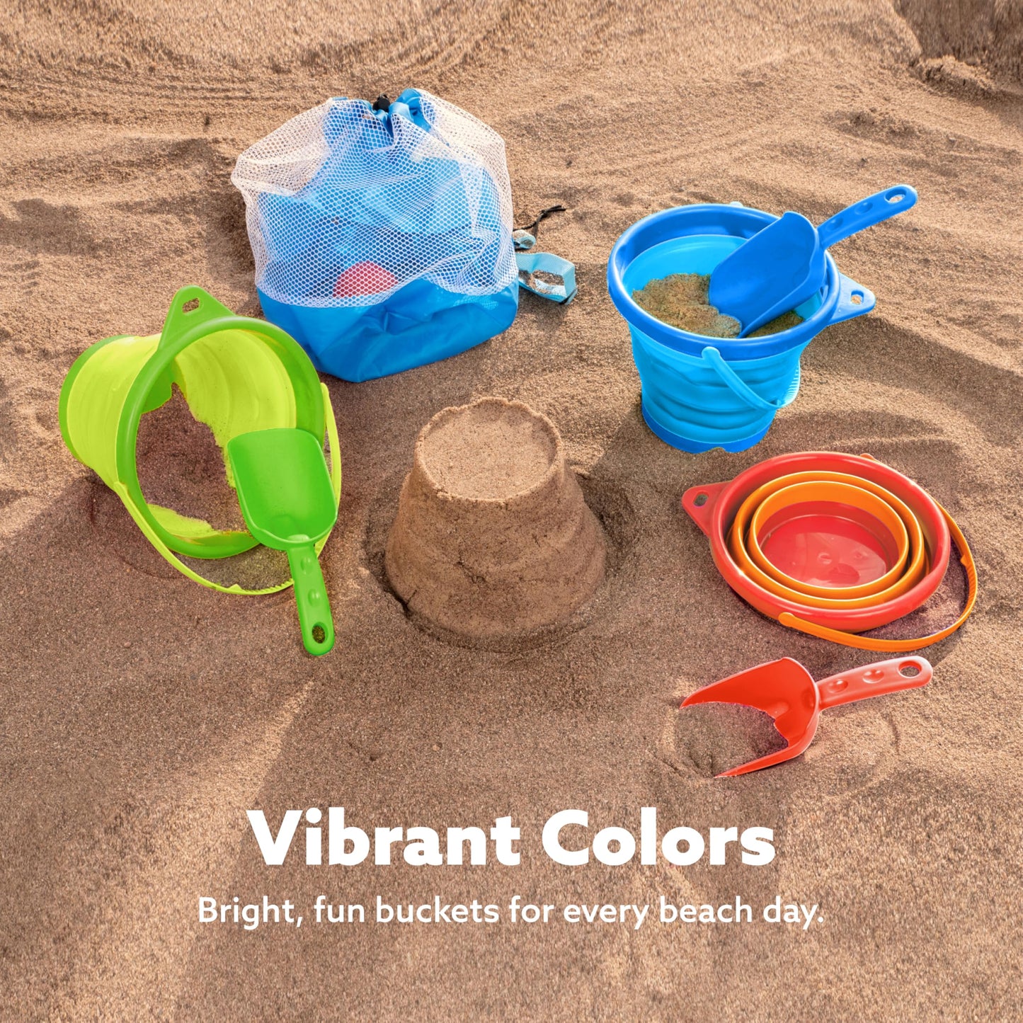 JOYIN 3-Pack Foldable Pail Buckets with Shovels & Mesh Bag | Collapsible Beach Buckets for Beach, Camping & More