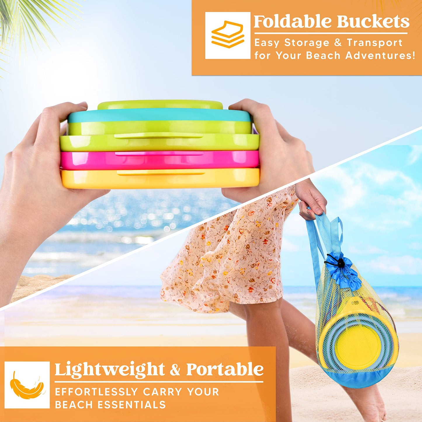 JOYIN 3-Pack Foldable Pail Buckets with Shovels & Mesh Bag – Beach & Camping Fun