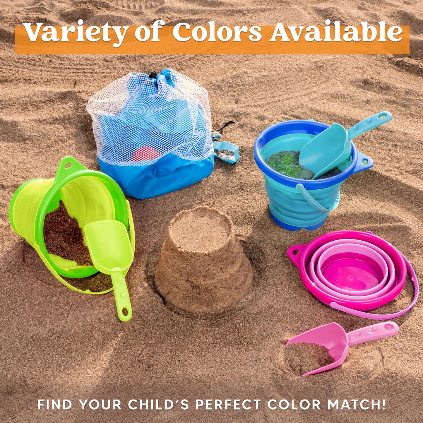 JOYIN 3-Pack Foldable Pail Buckets with Shovels & Mesh Bag – Collapsible Beach Toys