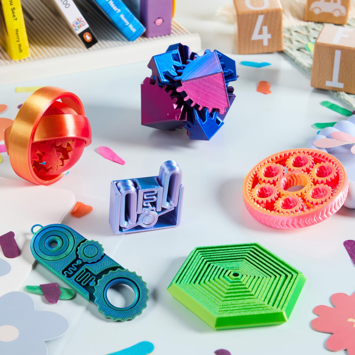 JOYIN 6Pcs 3D Printed Fidget Toys — Spin Fractal Gear, Metallic Color