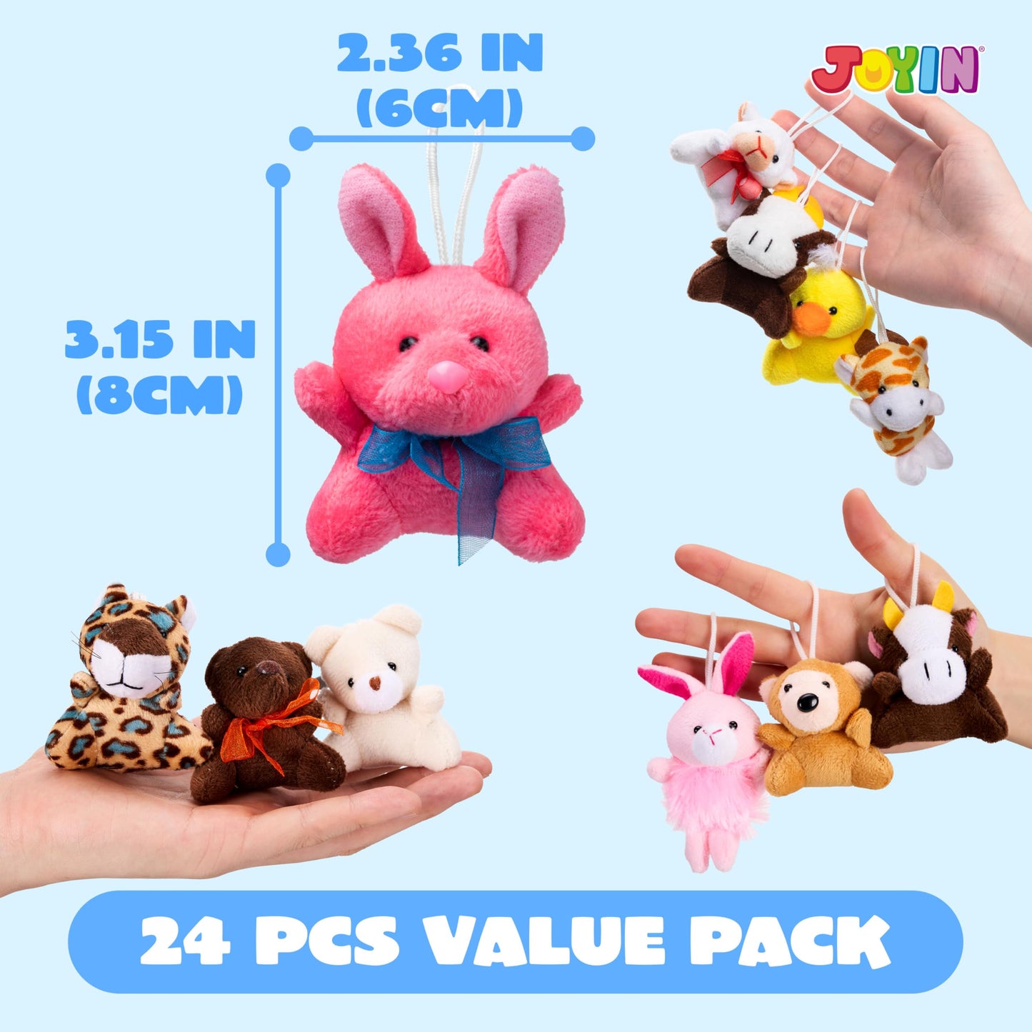 JOYIN 24 Pack Mini Animal Plush Toys – 3-Inch Each, Keychains, Party Favors, School Gifts