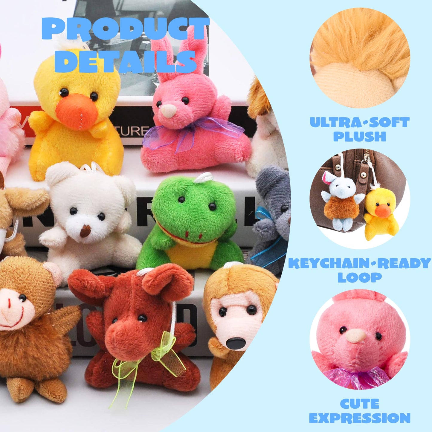 JOYIN 24 Pack Mini Animal Plush Toys – 3-Inch Each, Keychains, Party Favors, School Gifts