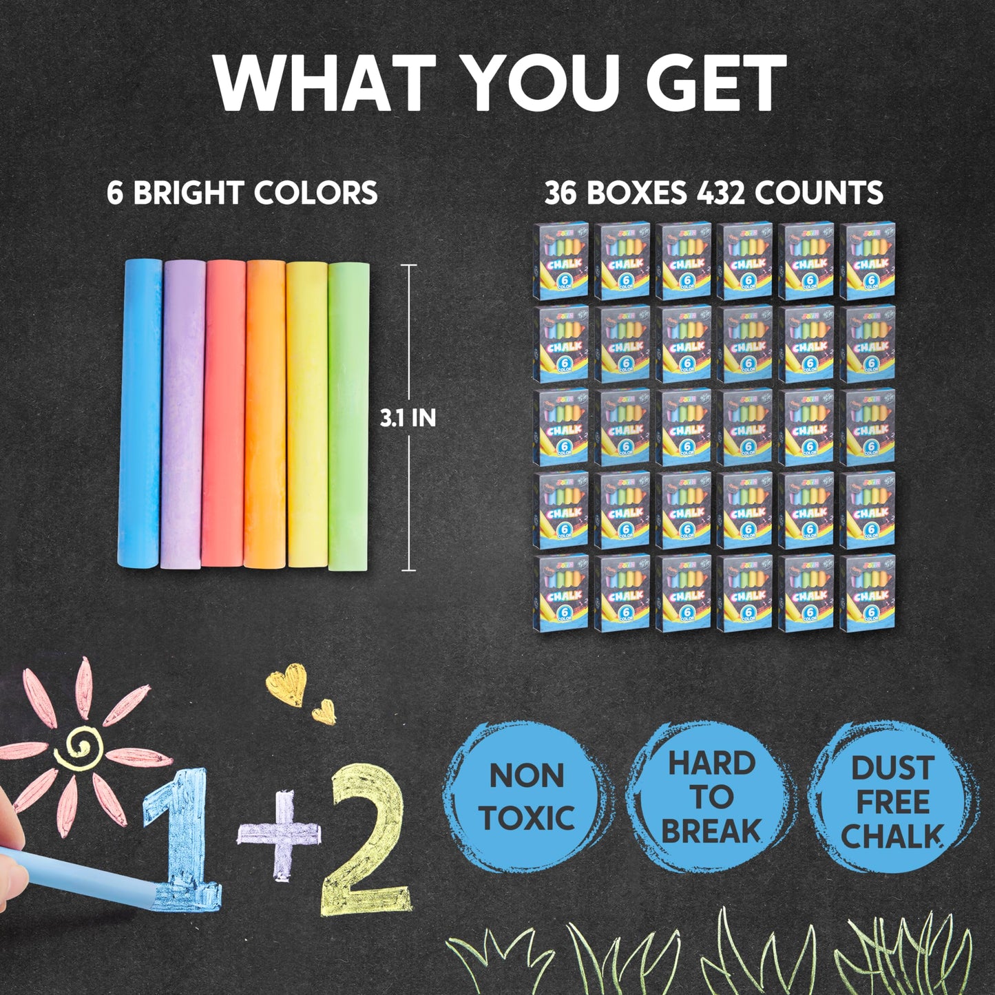 JOYIN 432-Count Mini Chalk Set for Kids – Safe Colorful Classroom Chalk (36 Boxes)