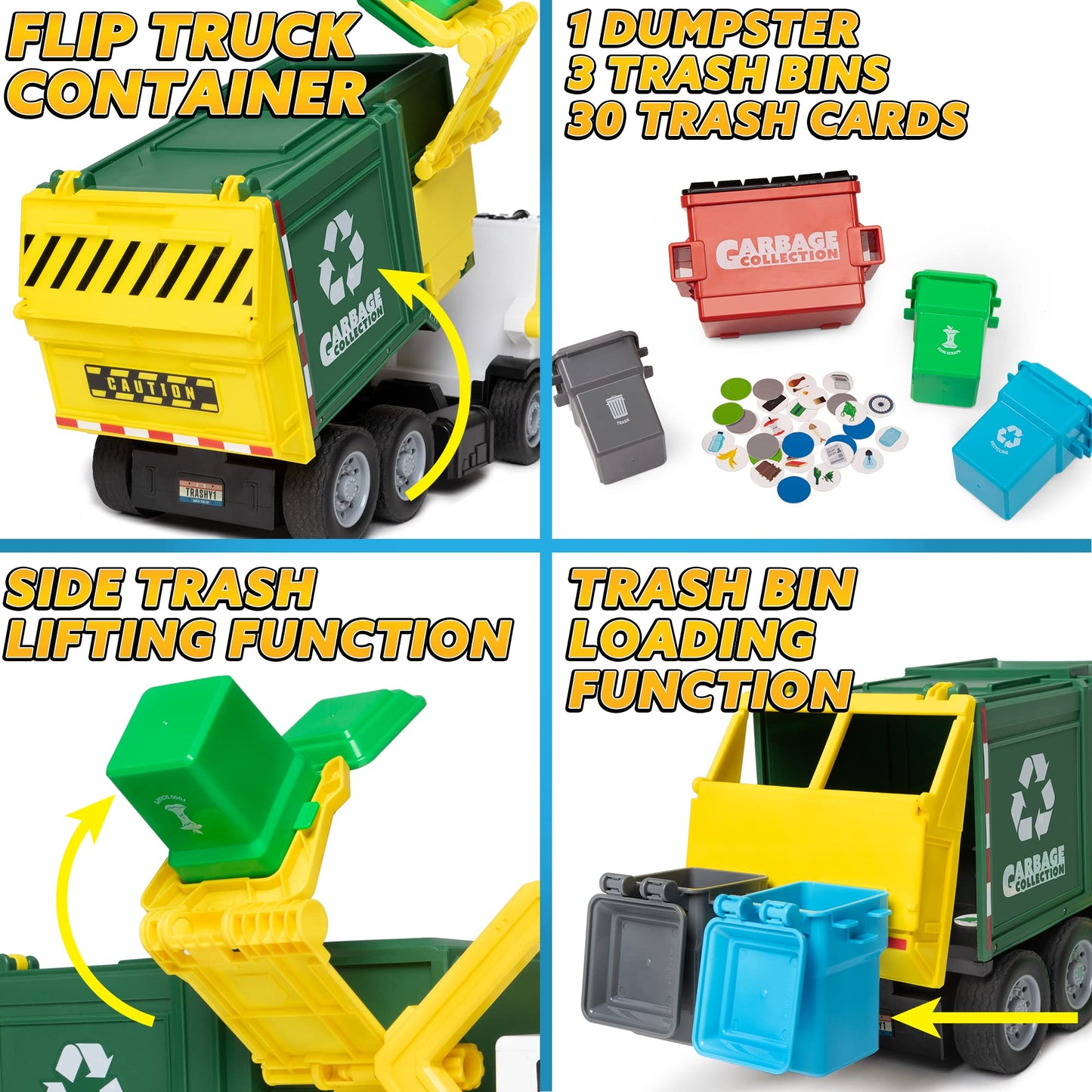 JOYIN Large Friction-Powered Garbage Truck Toy Set with Dumpster, Bins & Learning Cards