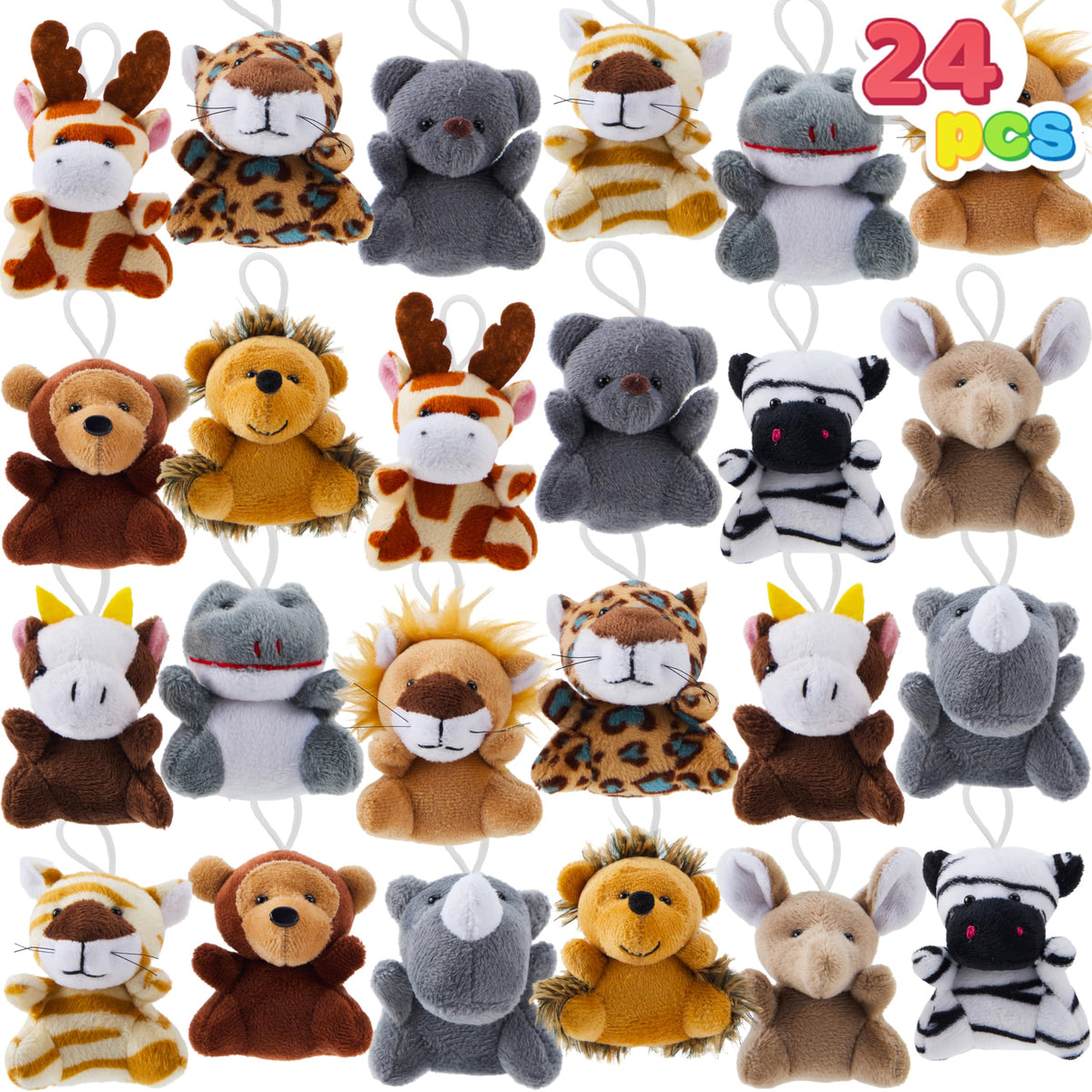 JOYIN 24 Pcs Mini Safari Animal Plush Toys – 3-inch Each, 12 Designs, Party Favors & Gifts