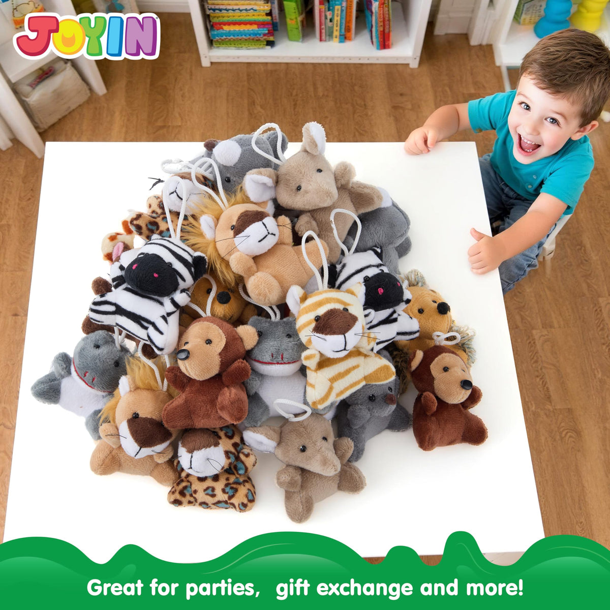 JOYIN 24 Pcs Mini Safari Animal Plush Toys – 3-inch Each, 12 Designs, Party Favors & Gifts