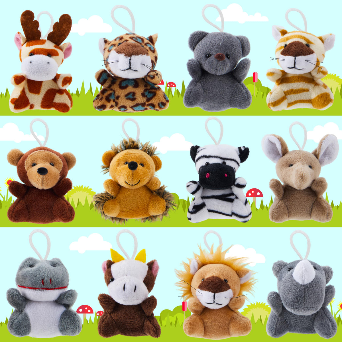 JOYIN 24 Pcs Mini Safari Animal Plush Toys – 3-inch Each, 12 Designs, Party Favors & Gifts