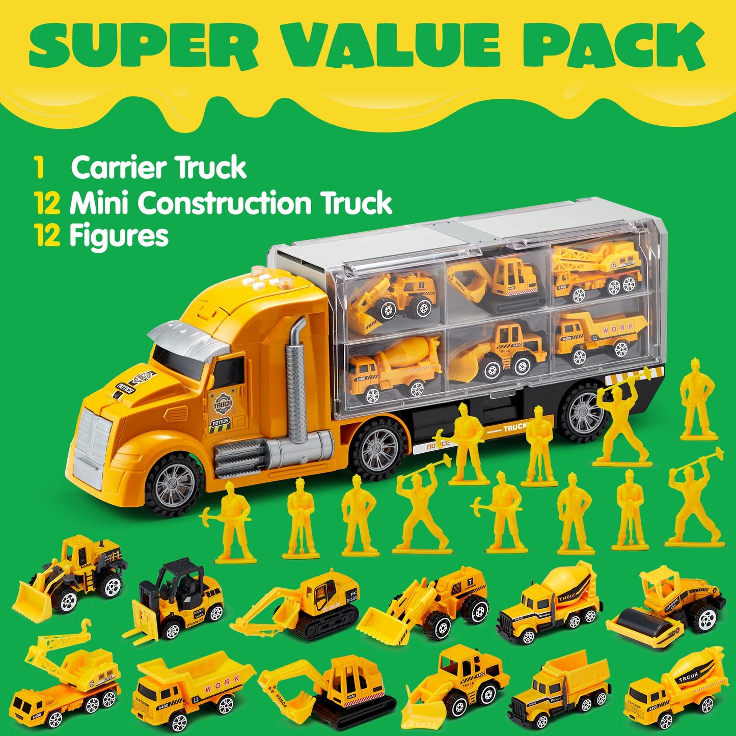 JOYIN 25-in-1 Kids Construction Truck Set – 24Pcs with Sounds & Lights, Carrier Truck, 12 Mini Vehicles & 12 Worker Figures