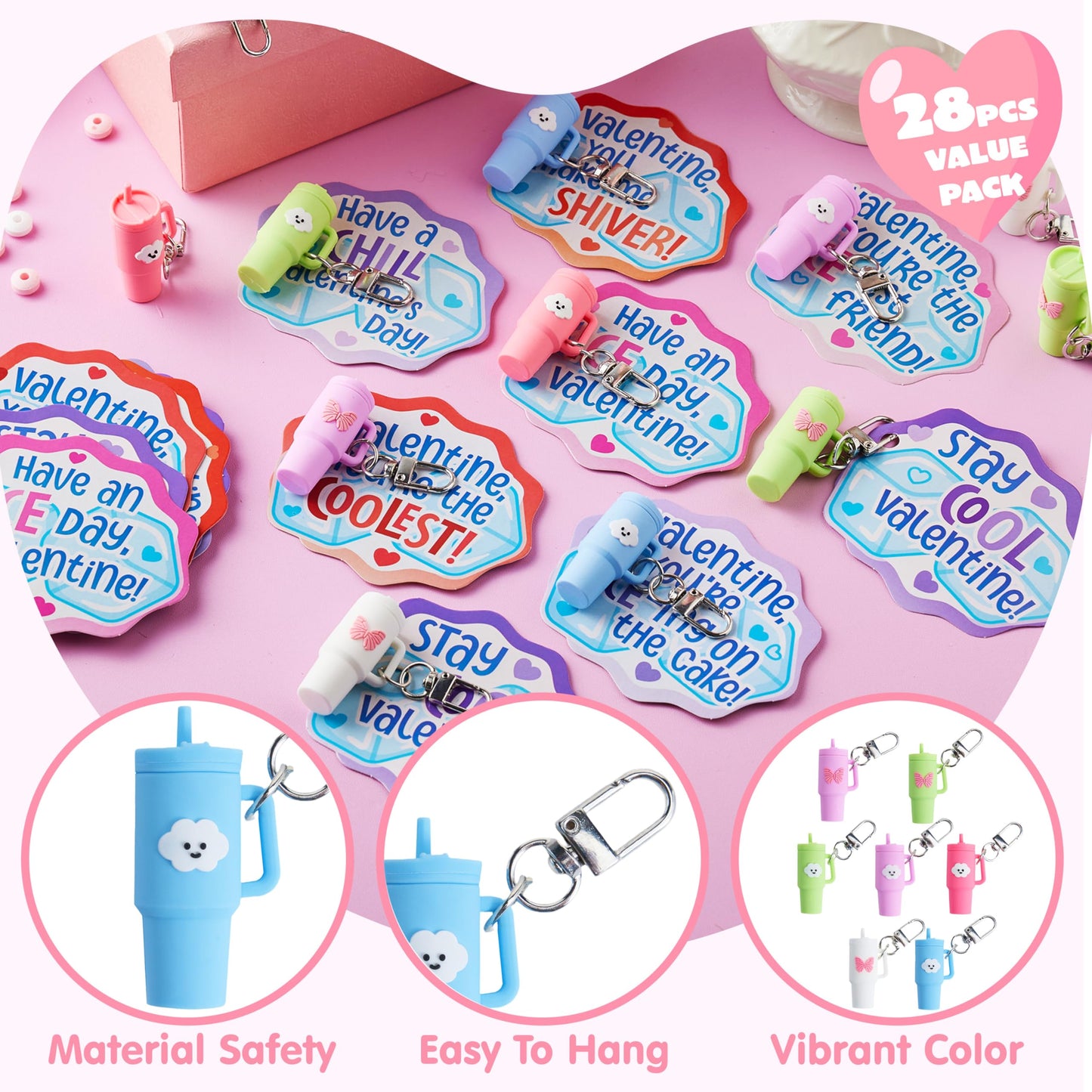JOYIN 28-Pack Valentines Day Gifts for Kids Classroom — Cute Mini Tumbler Keychains with Cards