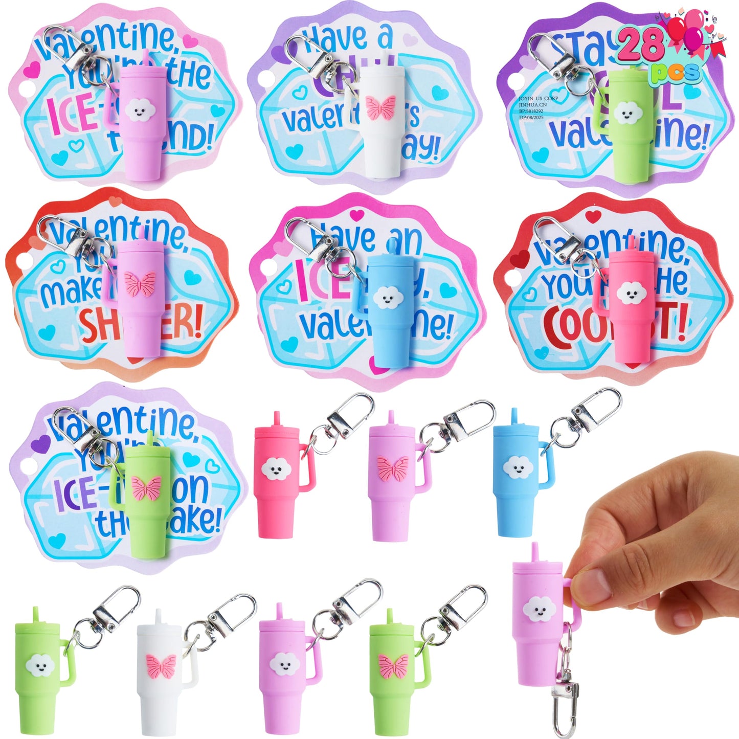 JOYIN 28-Pack Valentines Day Gifts for Kids Classroom — Cute Mini Tumbler Keychains with Cards