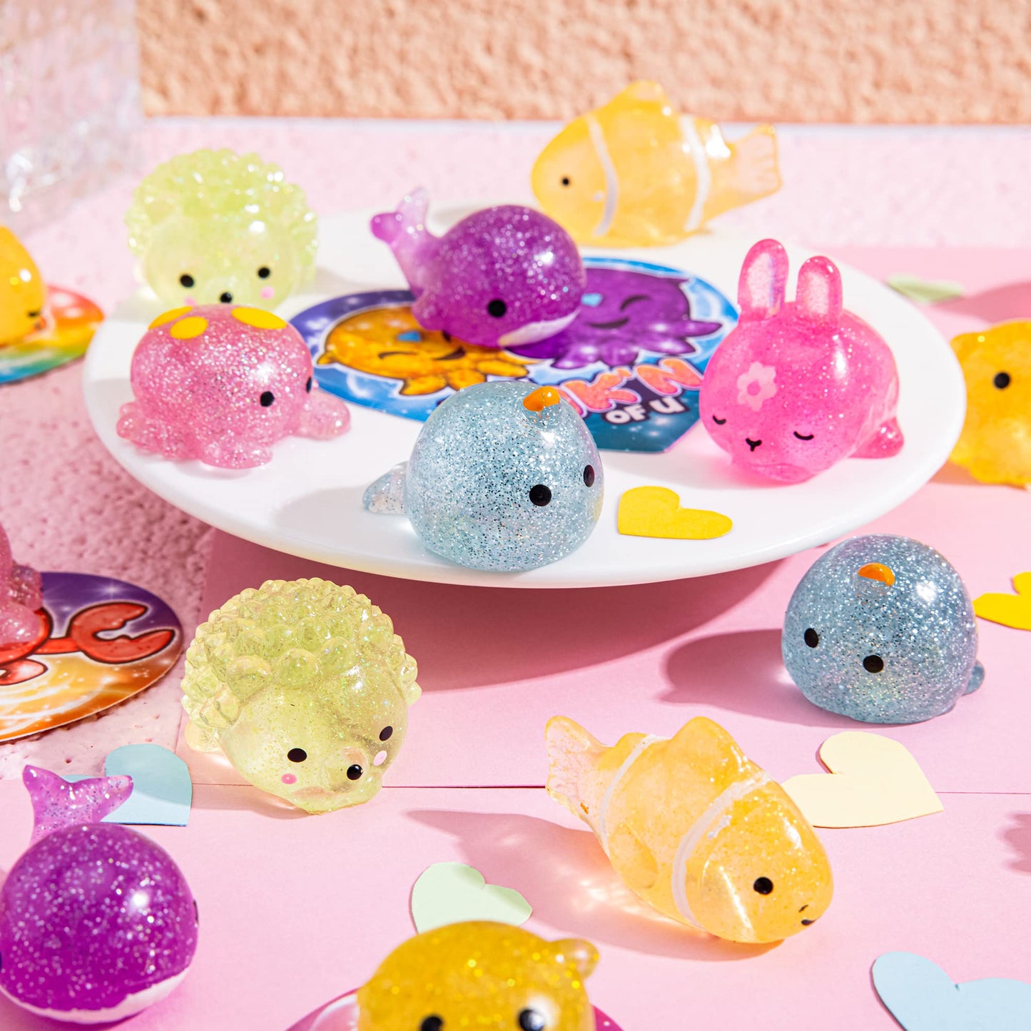 JOYIN 28-Pack Valentine Gift Cards with Glitter Mochi Squishy Toys — Sea Animals