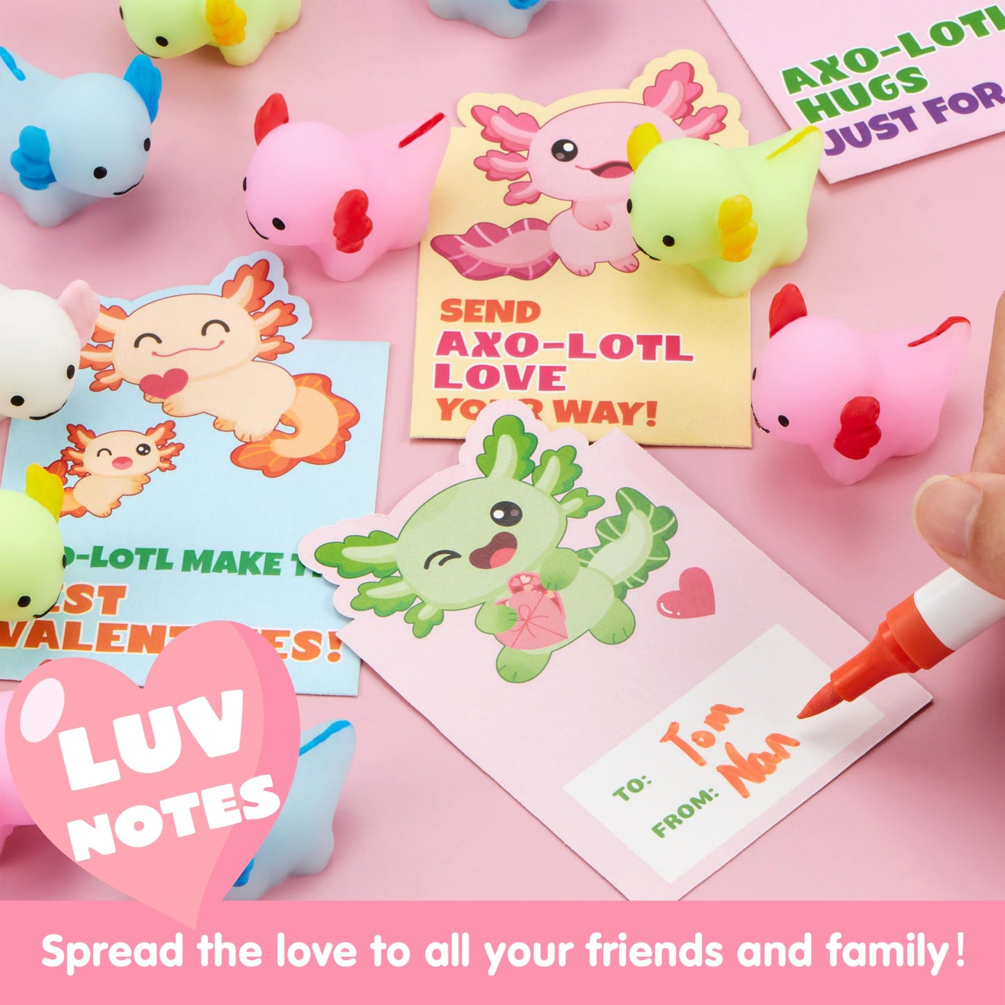 JOYIN 28 Packs Valentines Day Gifts for Kids — Axolotl Mochi Squishy Toys with Cards & Bags