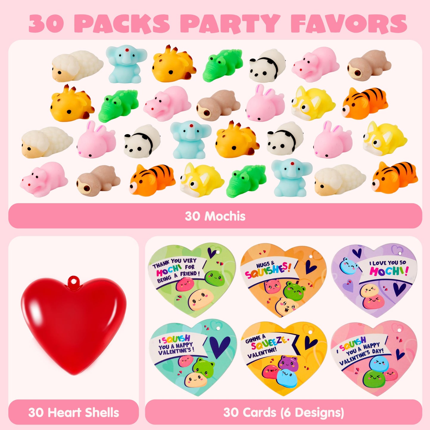 JOYIN 30 Packs Valentines Day Gifts for Kids – Animal Mochi Squishy Toys with Heart Cards