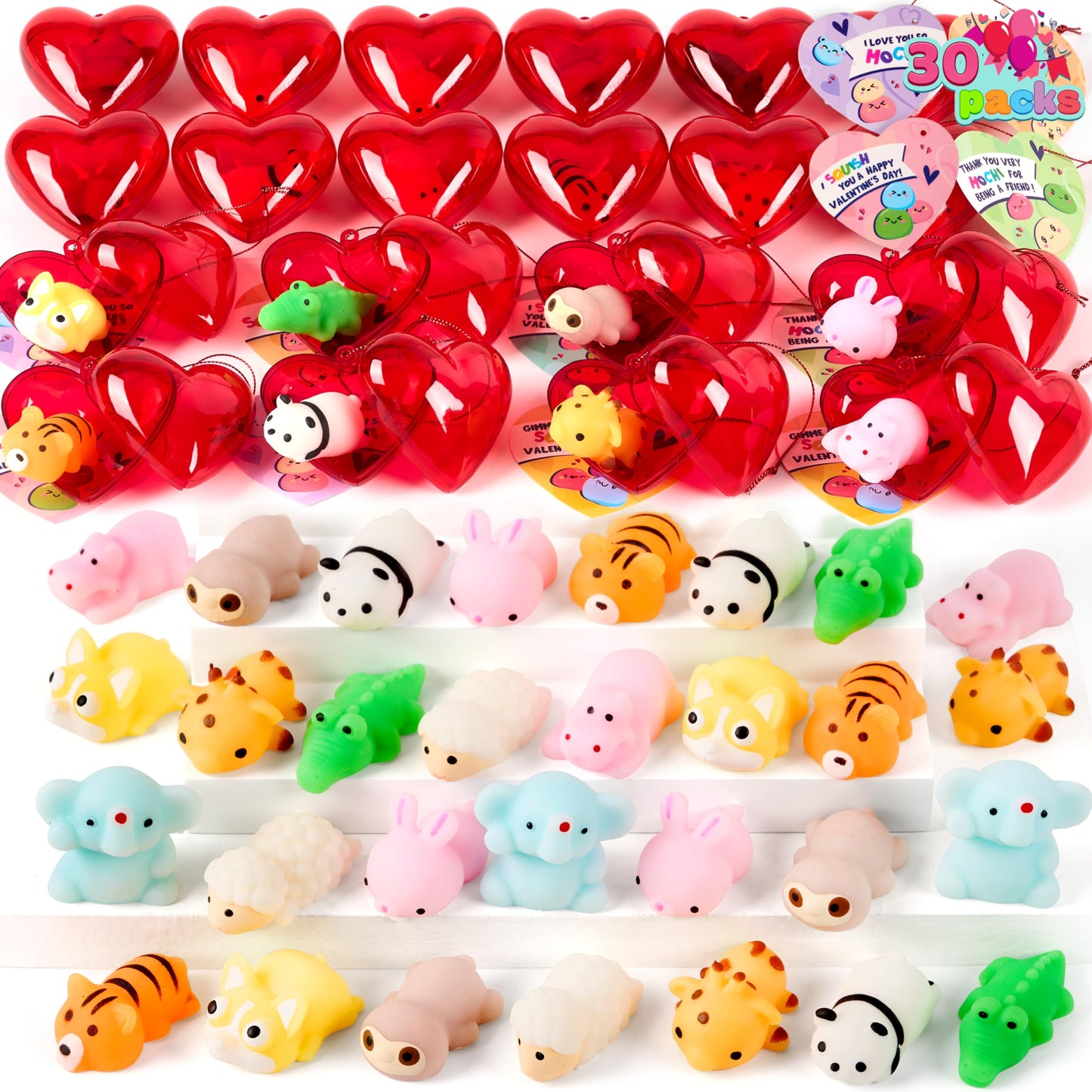 JOYIN 30 Packs Valentines Day Gifts for Kids – Animal Mochi Squishy Toys with Heart Cards