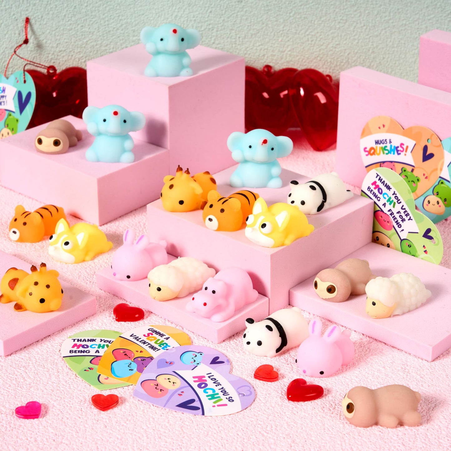 JOYIN 30 Packs Valentines Day Gifts for Kids – Animal Mochi Squishy Toys with Heart Cards