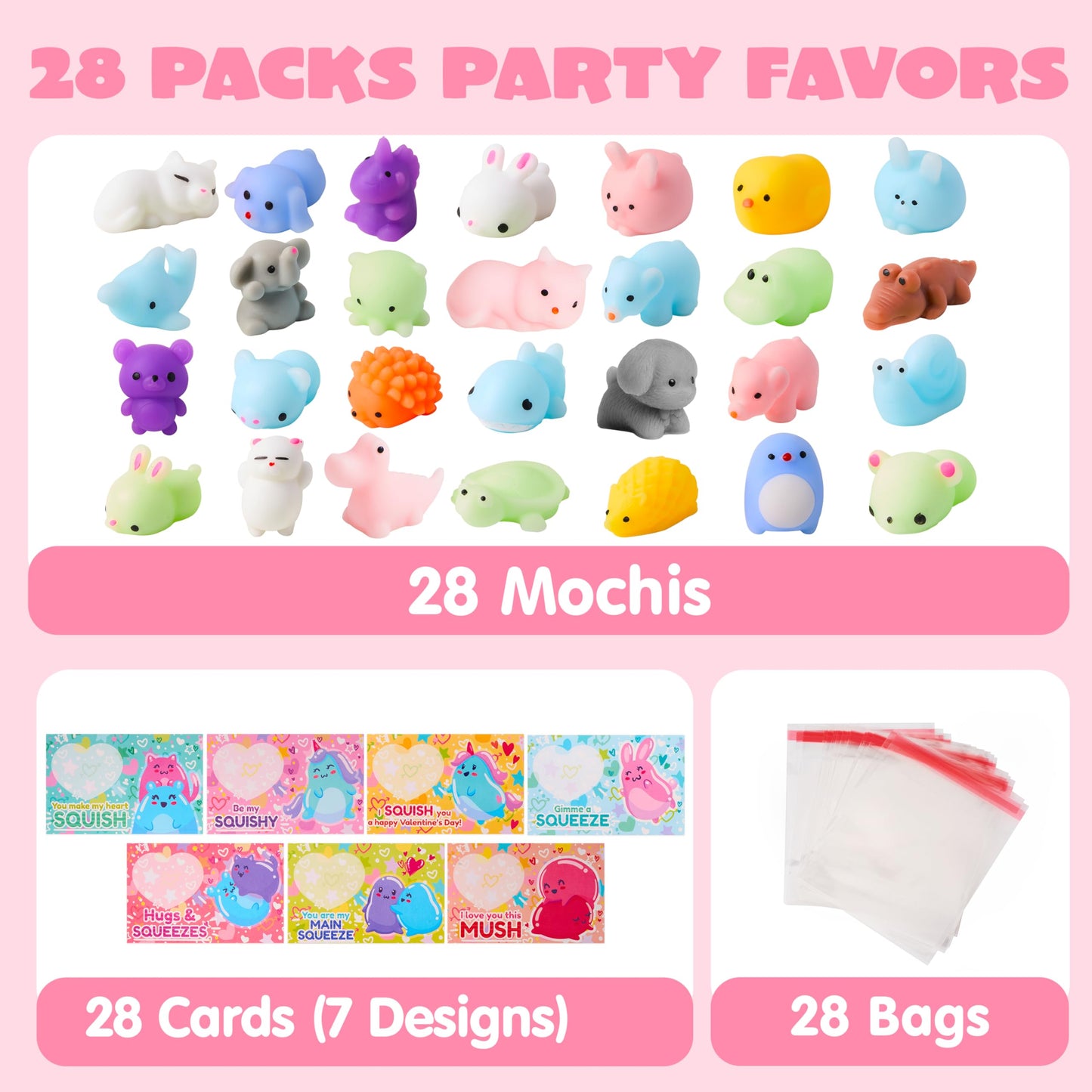 JOYIN 28-Pack Valentines Day Gifts for Kids – Kawaii Mochi Squishy Toys & Card Set