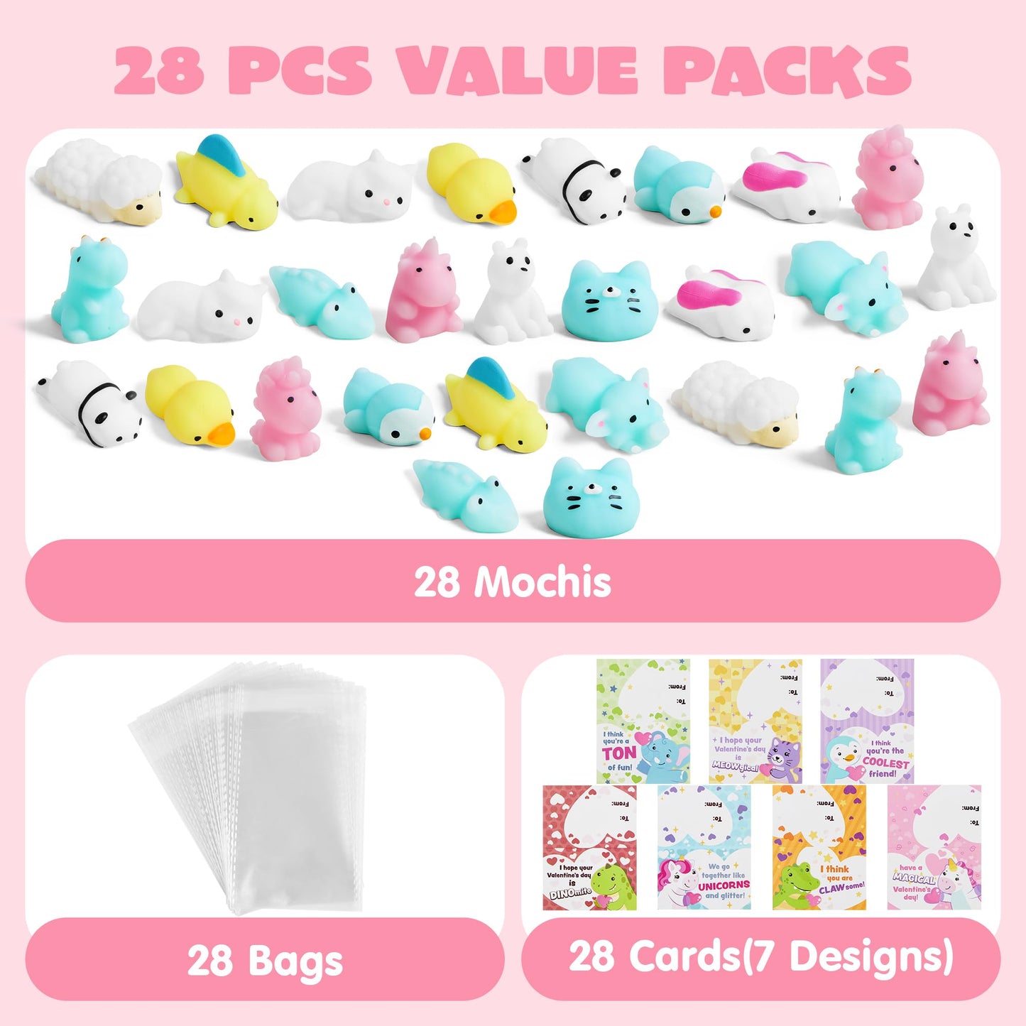 JOYIN 28-Pack Valentine’s Day Gift Cards with Mochi Squishy Toys – 14 Mochi Designs, 7 Card Styles