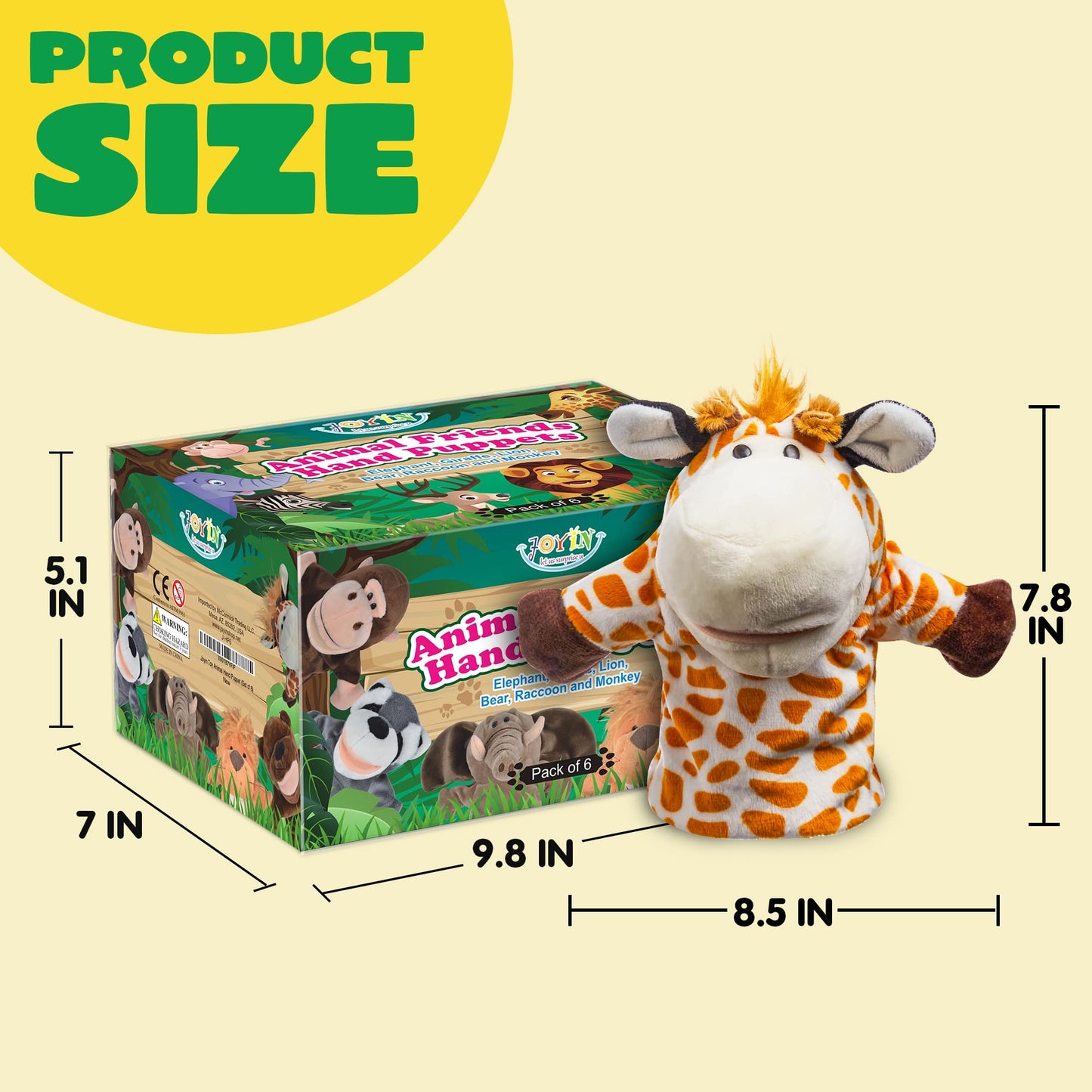 JOYIN 6Pcs Kids Hand Puppet Set with Working Mouth — Elephant, Giraffe, Lion, Bear, Raccoon & Monkey