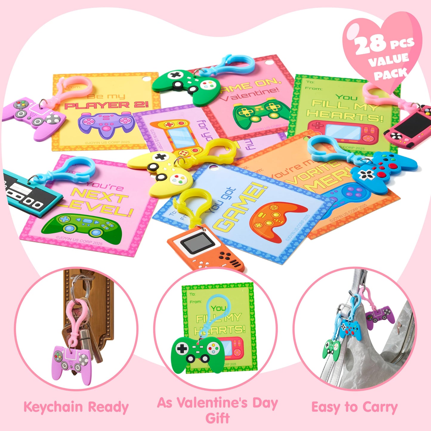 JOYIN 28 Pcs Valentines Day Gift Cards with Video Game Keychains