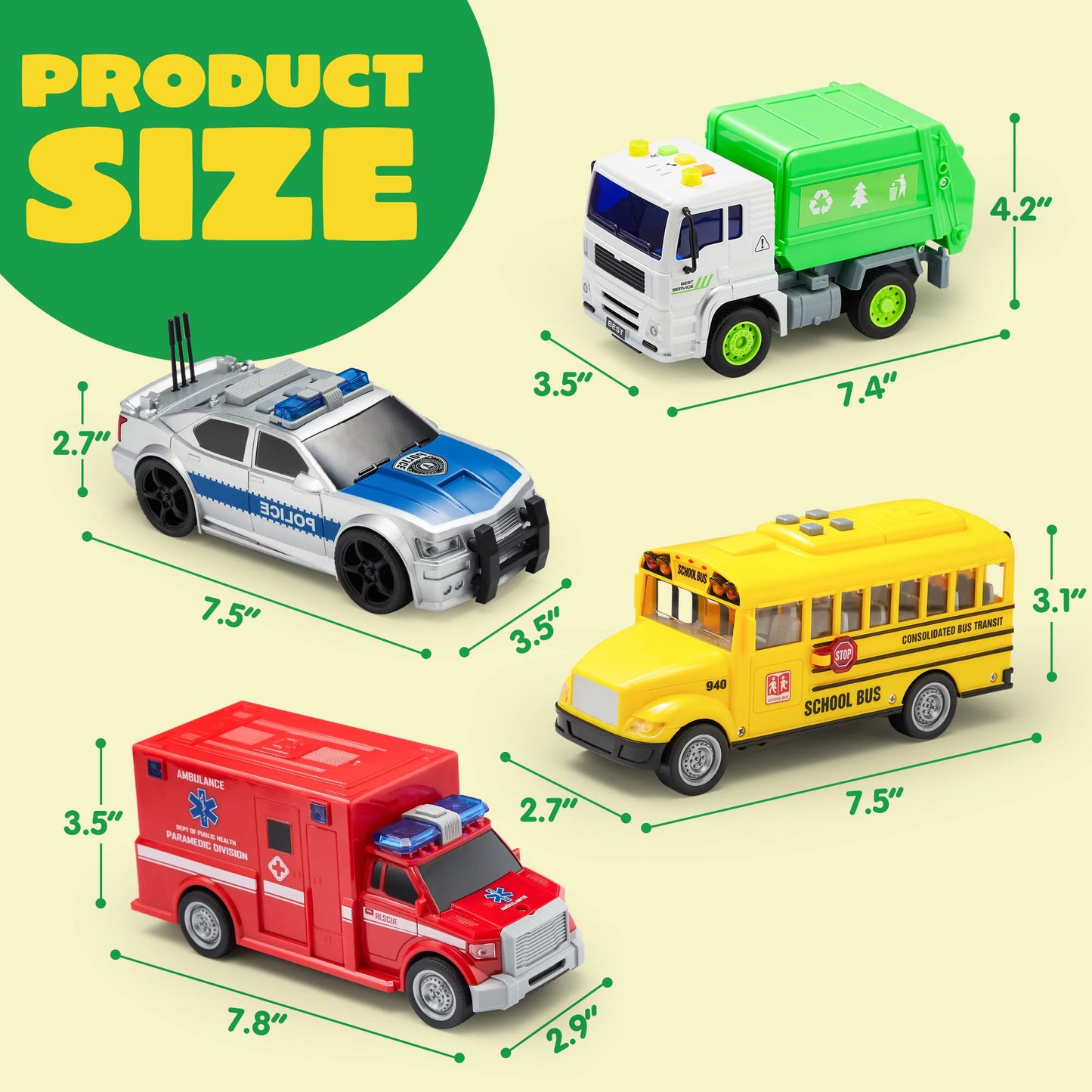 JOYIN 4 Pcs 7\" Vehicle Toy Set with Lights & Sirens – Police Car, Garbage Truck, Fire Truck, School Bus
