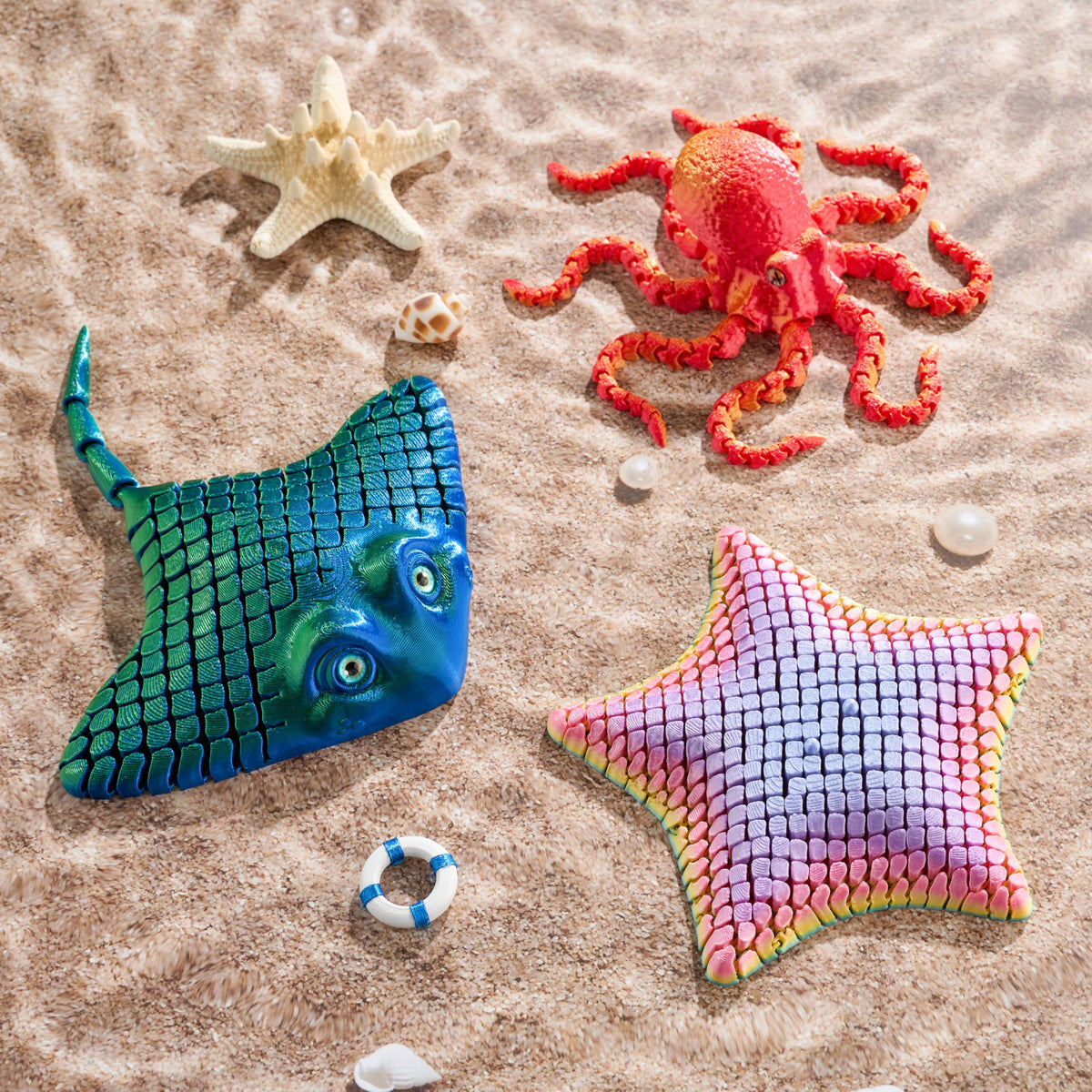 JOYIN 3 Pcs 3D Printed Fidget Toys — Articulated Octopus, Ray & Starfish for Stress Relief & Desk Decor