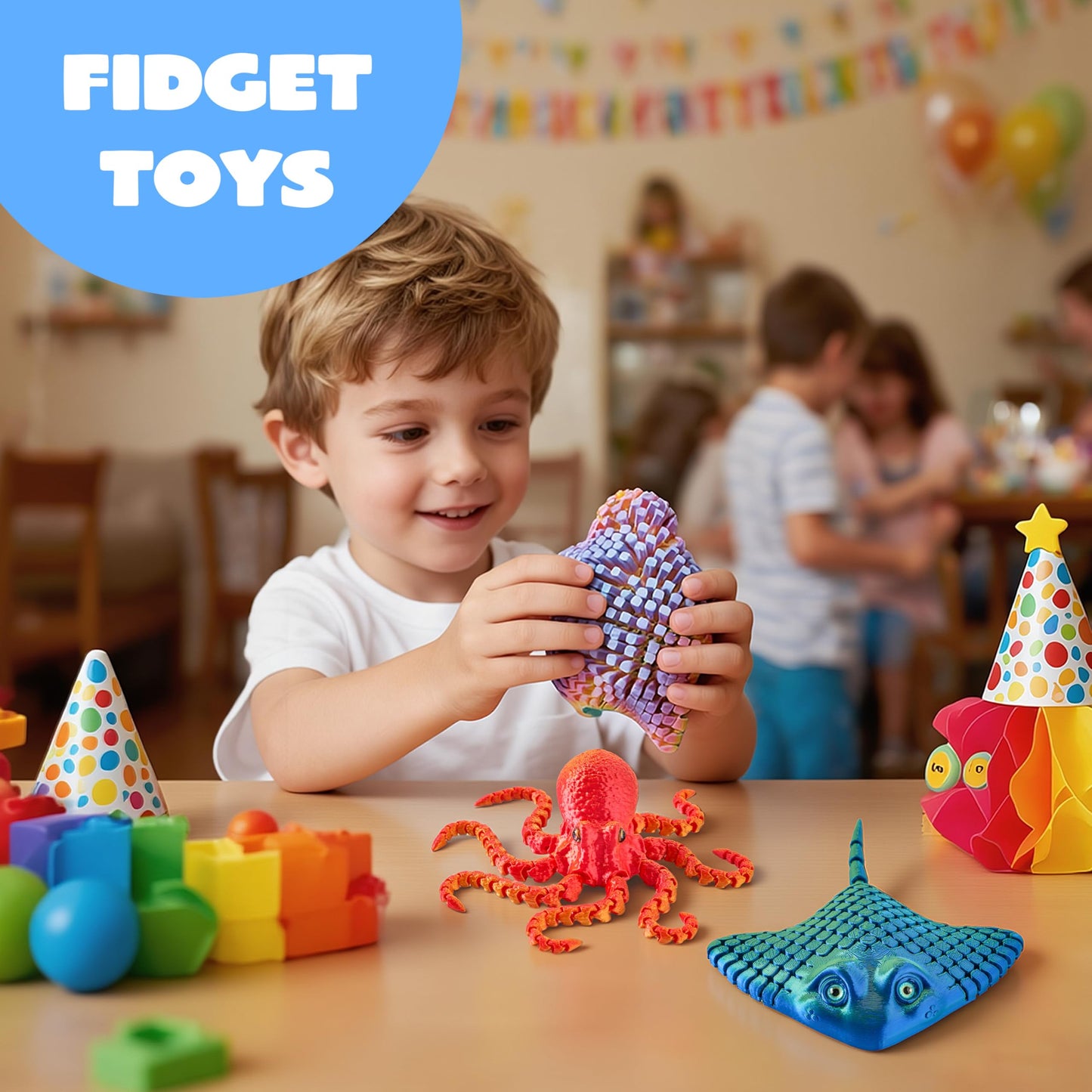 JOYIN 3 Pcs 3D Printed Fidget Toys — Articulated Octopus, Ray & Starfish for Stress Relief & Desk Decor