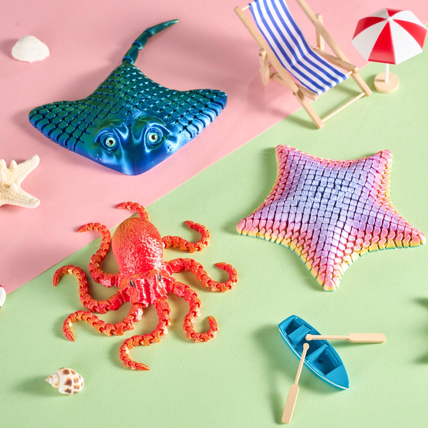 JOYIN 3 Pcs 3D Printed Fidget Toys — Articulated Octopus, Ray & Starfish for Stress Relief & Desk Decor