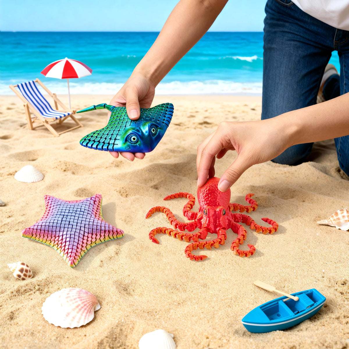 JOYIN 3 Pcs 3D Printed Fidget Toys — Articulated Octopus, Ray & Starfish for Stress Relief & Desk Decor