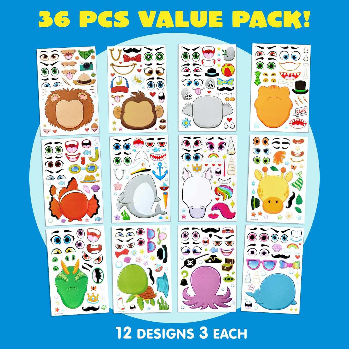 JOYIN 36 Sheets Make a Face Stickers for Kids – Unicorn, Dinosaur, Sea & Safari Animals | Party Favors & Crafts