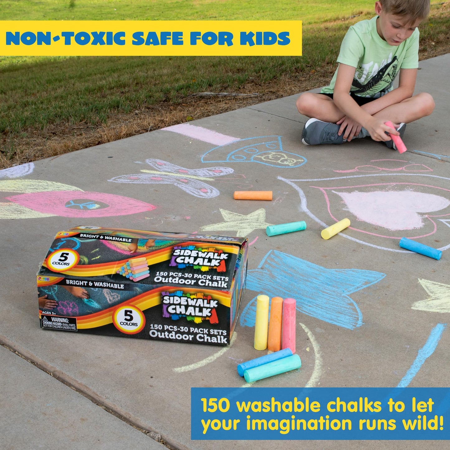 JOYIN 150 Pcs Sidewalk Chalk Set – 30 Packs, 5 Colors, Non-Toxic & Washable