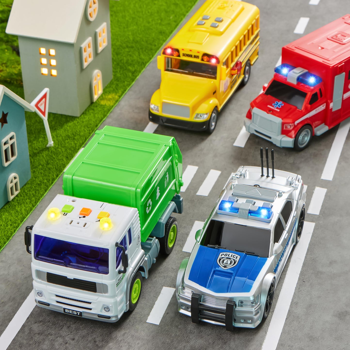 JOYIN 4 Pcs 7\" Vehicle Toy Set with Lights & Sirens – Police Car, Garbage Truck, Fire Truck, School Bus