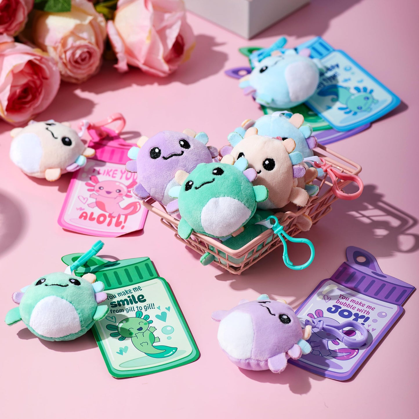 JOYIN 28 Pcs Valentine Axolotl Plush Keychains & Greeting Cards for Classrooms