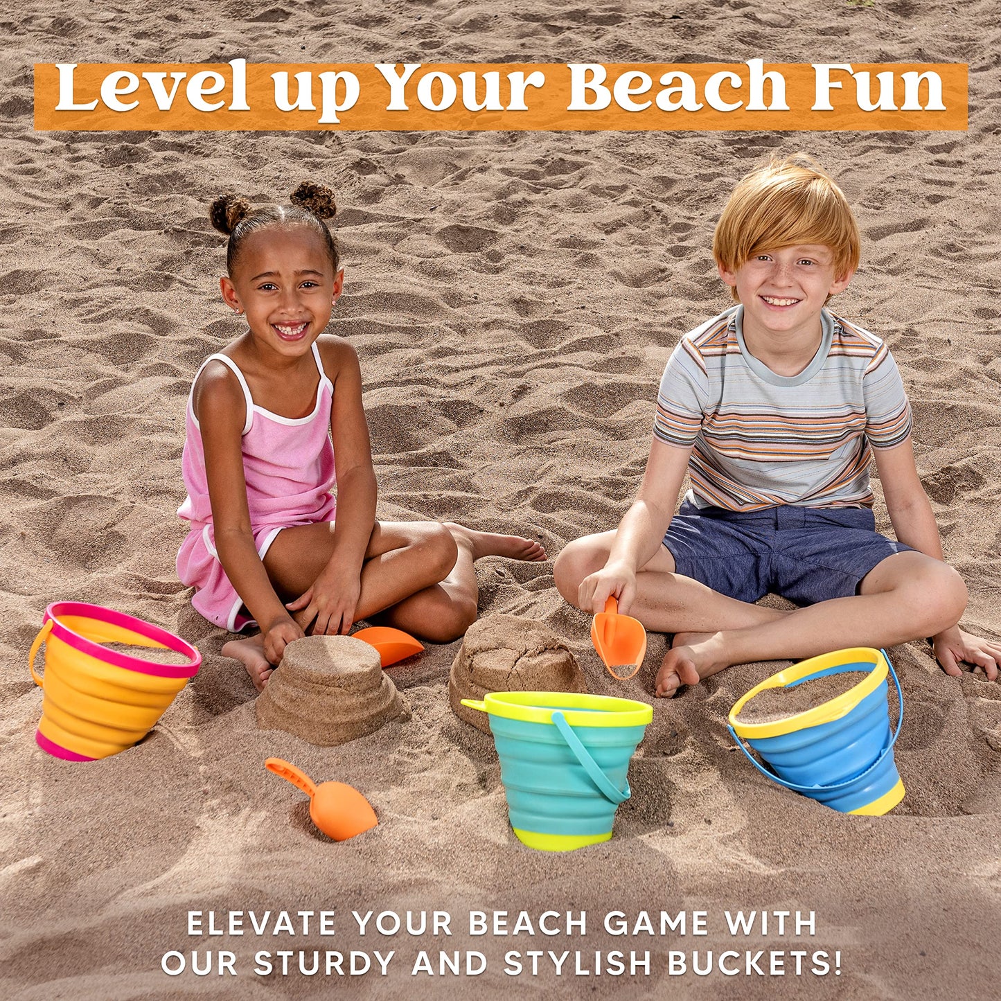 JOYIN 3-Pack Foldable Pail Buckets with Shovels & Mesh Bag – Beach & Camping Fun
