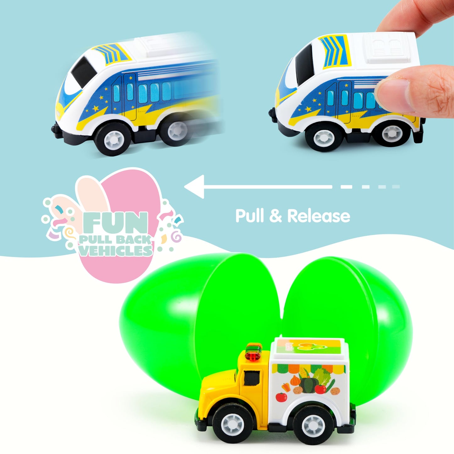 JOYIN 12 Pcs Prefilled Easter Eggs with Alloy Pull Back Cars – Easter Egg Hunt Toys & Basket Stuffers