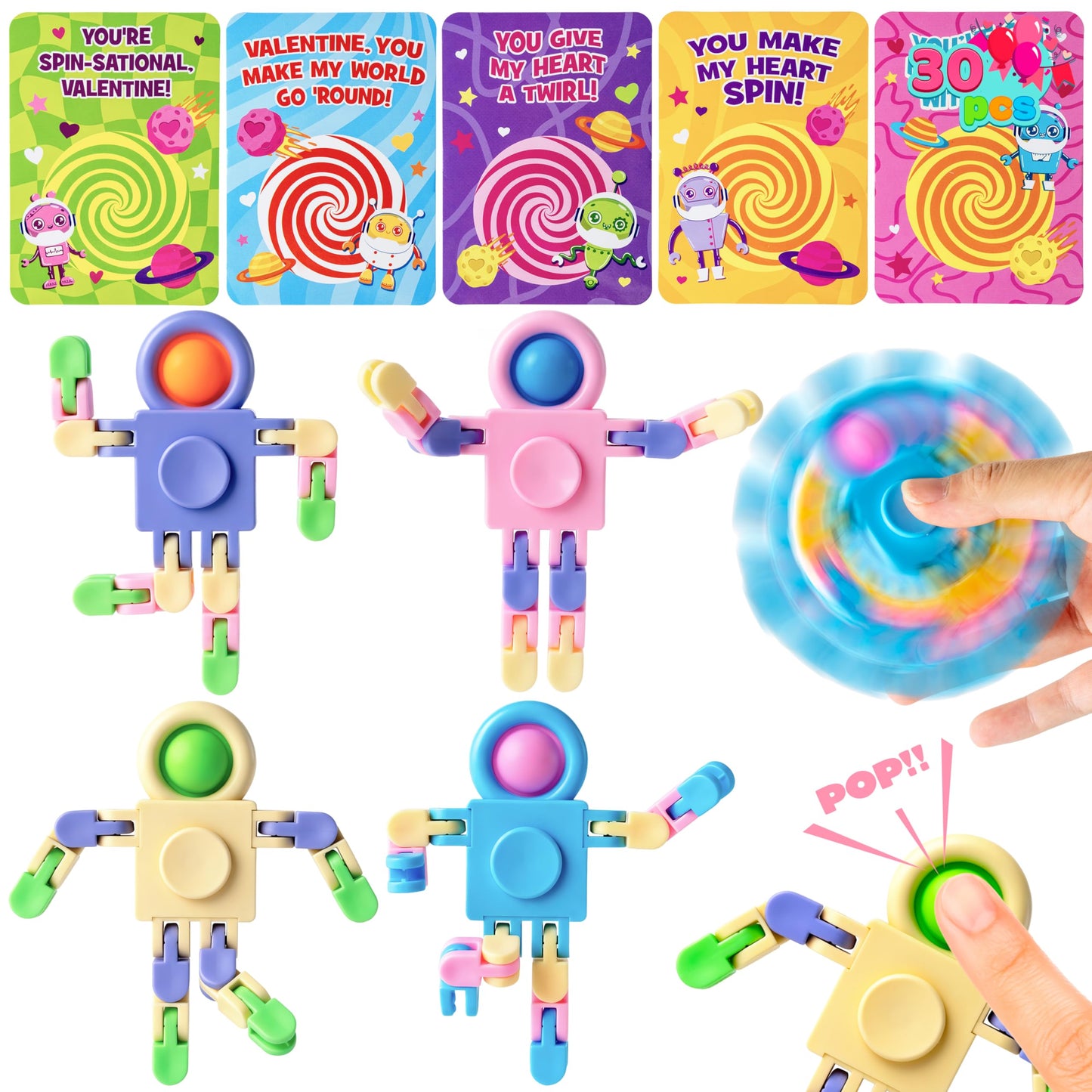 JOYIN 30-Packs Valentine's Day Pastel Robot Fidget Spinners with Cards – Classroom Prizes & Party Favors