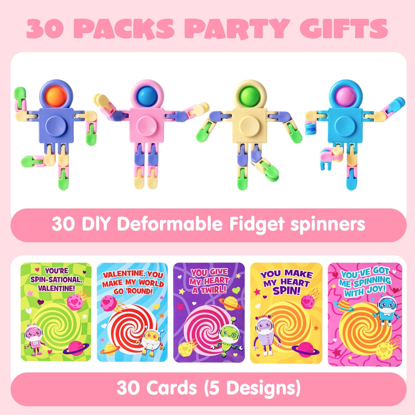 JOYIN 30-Packs Valentine's Day Pastel Robot Fidget Spinners with Cards – Classroom Prizes & Party Favors