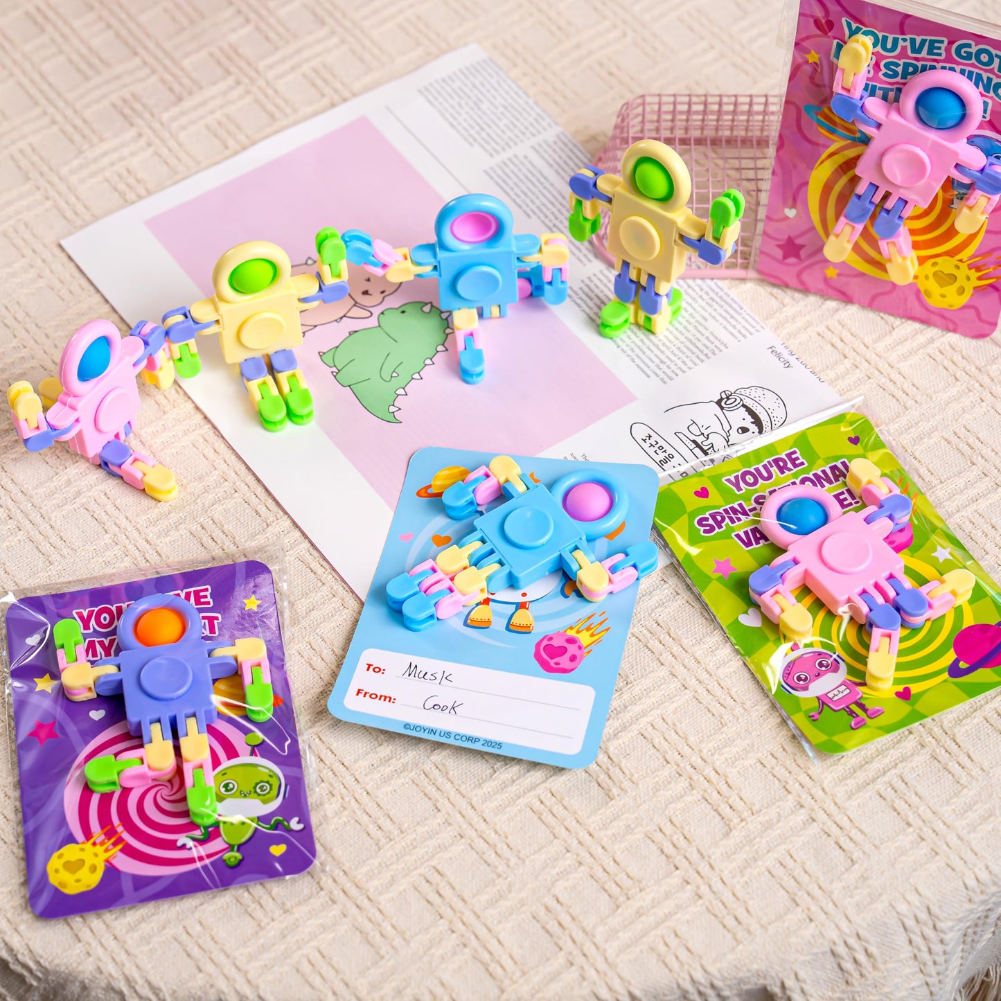 JOYIN 30-Packs Valentine's Day Pastel Robot Fidget Spinners with Cards – Classroom Prizes & Party Favors