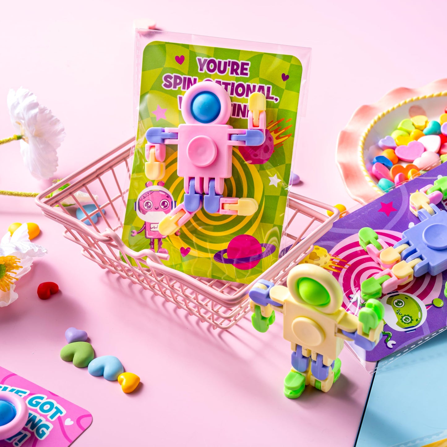 JOYIN 30-Packs Valentine's Day Pastel Robot Fidget Spinners with Cards – Classroom Prizes & Party Favors
