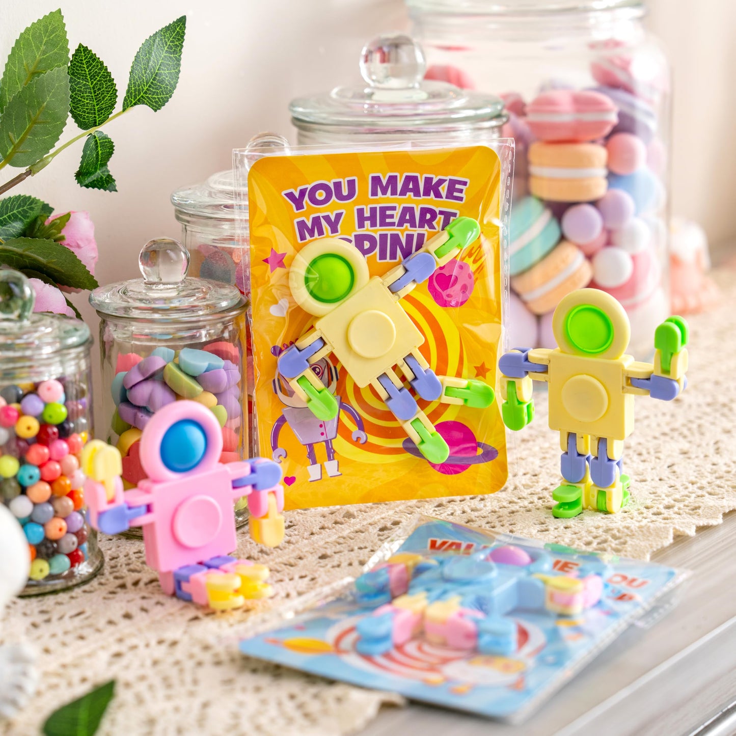 JOYIN 30-Packs Valentine's Day Pastel Robot Fidget Spinners with Cards – Classroom Prizes & Party Favors