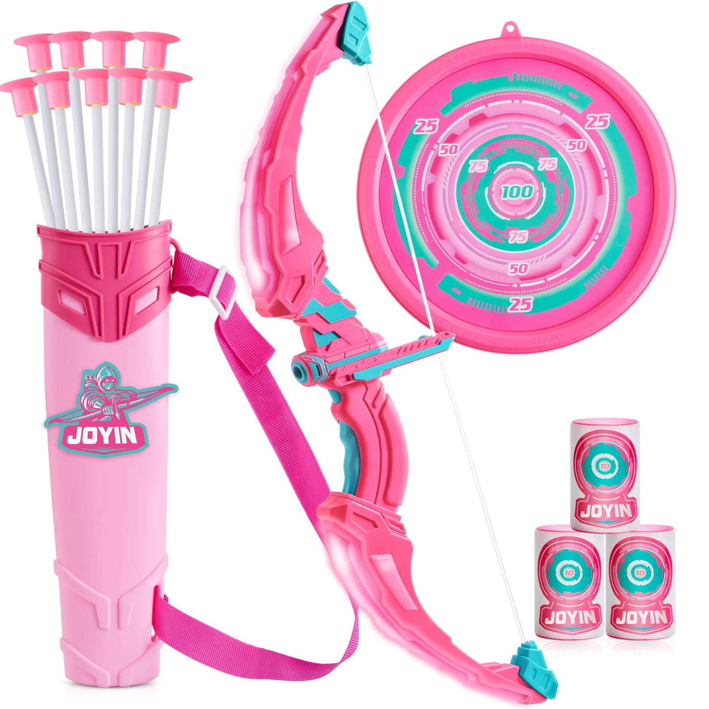 JOYIN Pink Bow and Arrow Set for Girls | LED Light-Up Archery Toy with 9 Suction Cup Arrows, Target & Case | Indoor & Outdoor Play