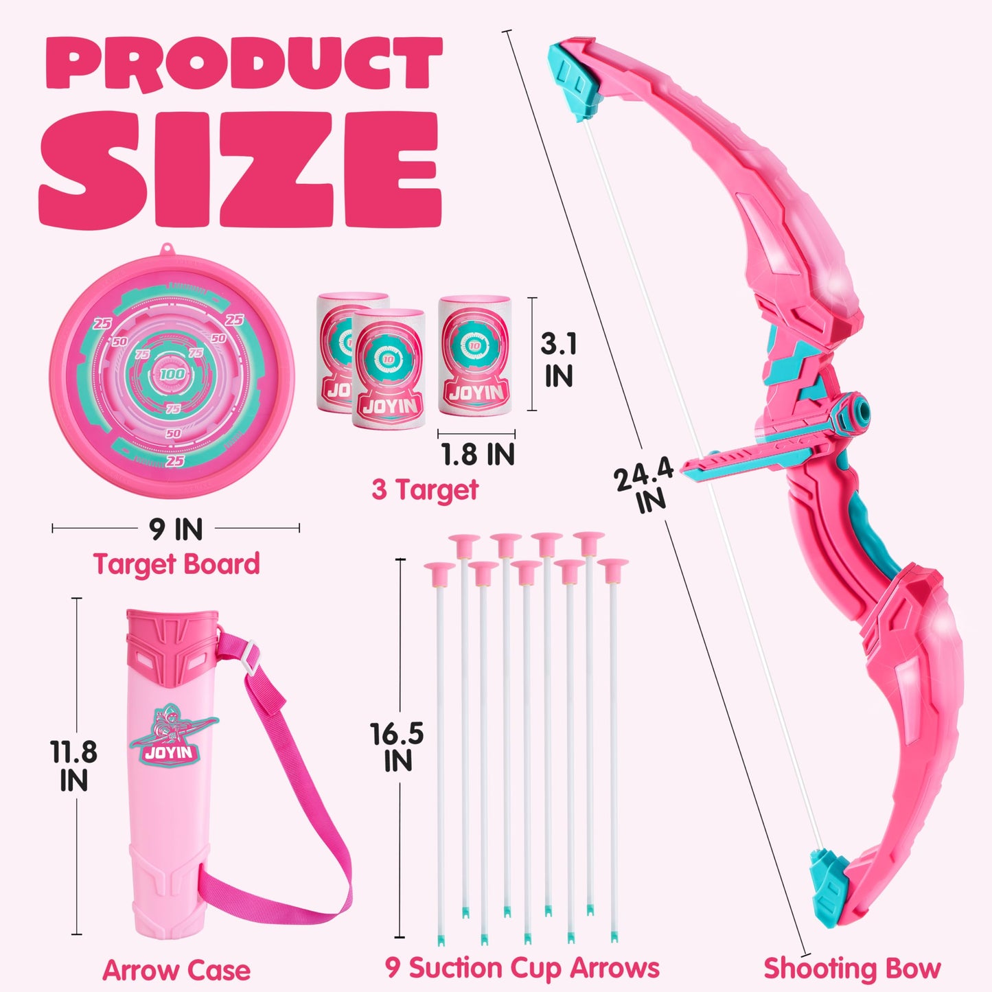 JOYIN Pink Bow and Arrow Set for Girls | LED Light-Up Archery Toy with 9 Suction Cup Arrows, Target & Case | Indoor & Outdoor Play