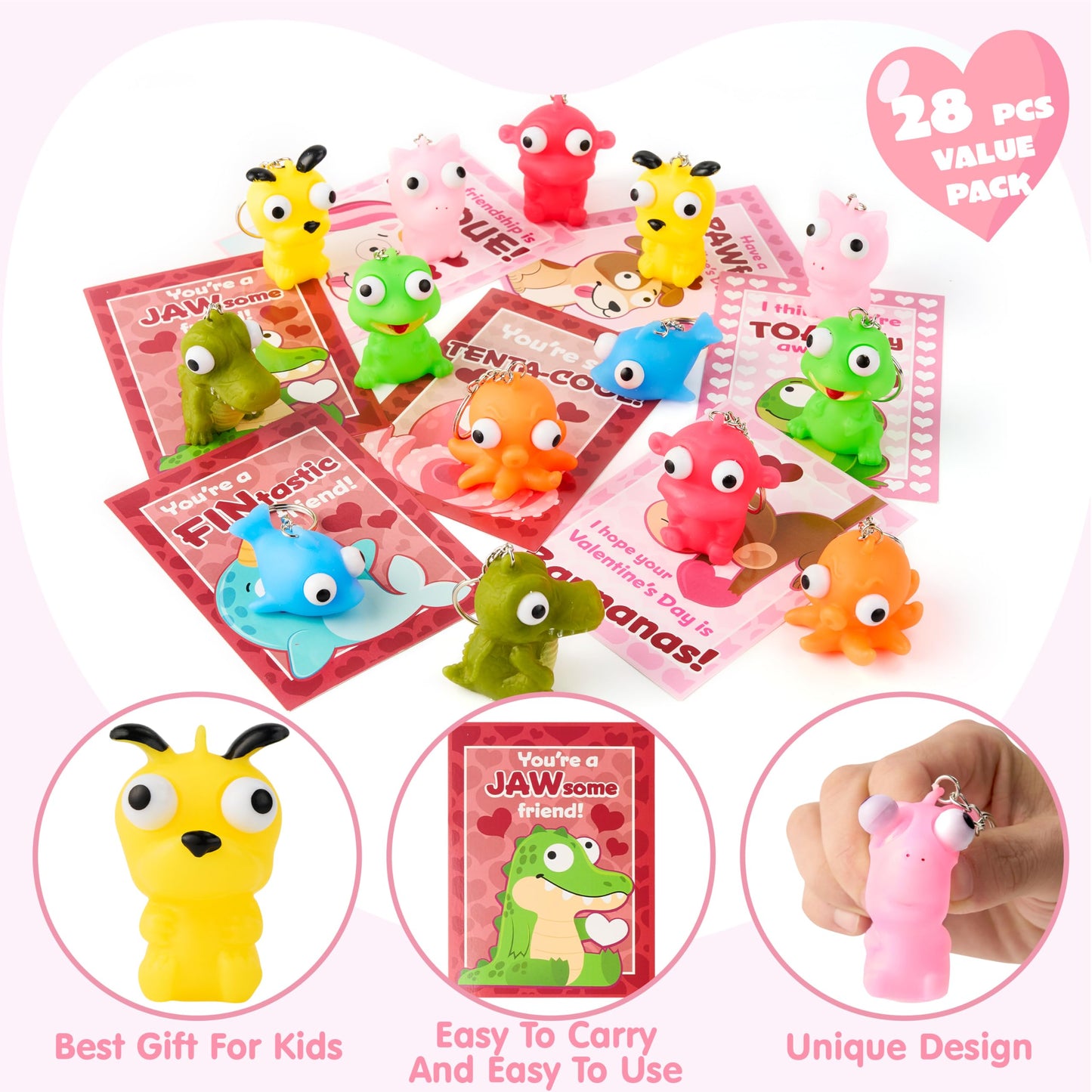 JOYIN 28 Pink Valentines Cards with Animal Popping Eyes Keychains – Gifts & Favors