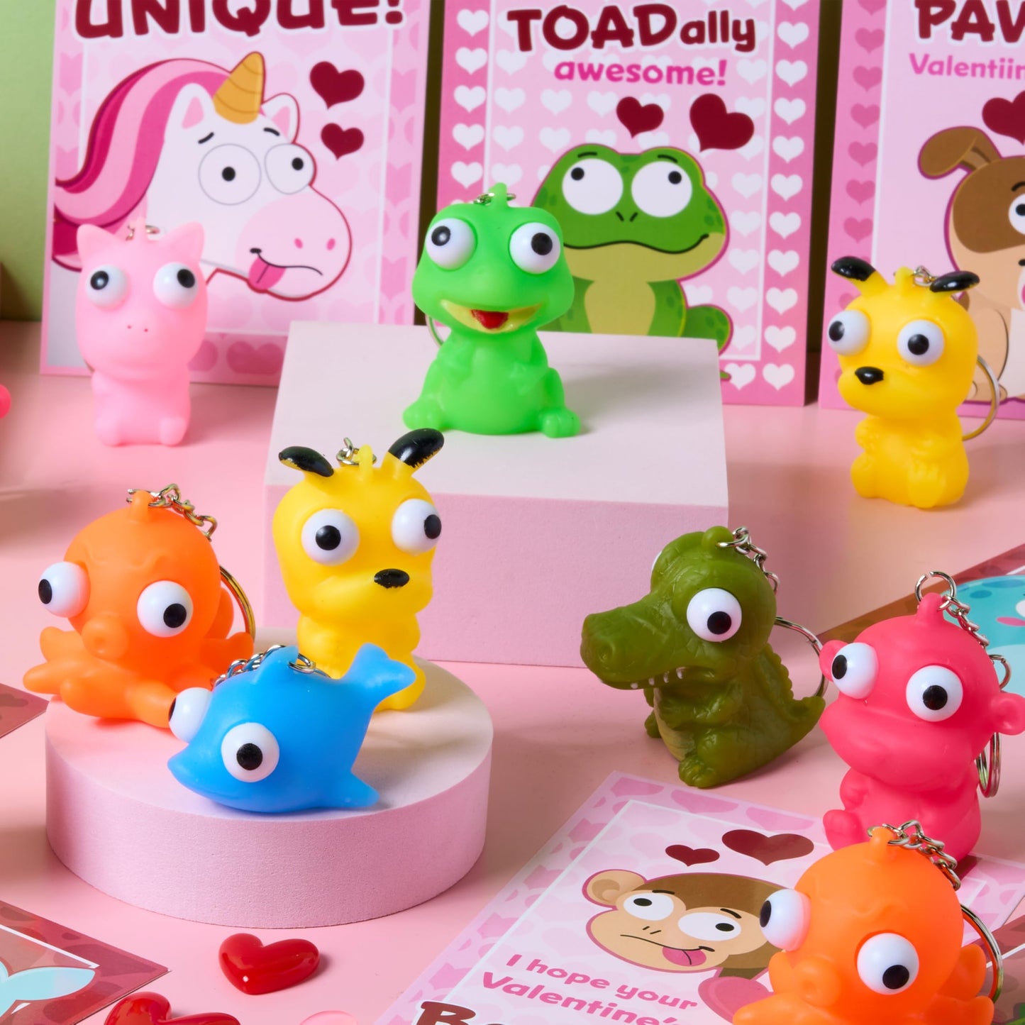 JOYIN 28 Pink Valentines Cards with Animal Popping Eyes Keychains – Gifts & Favors